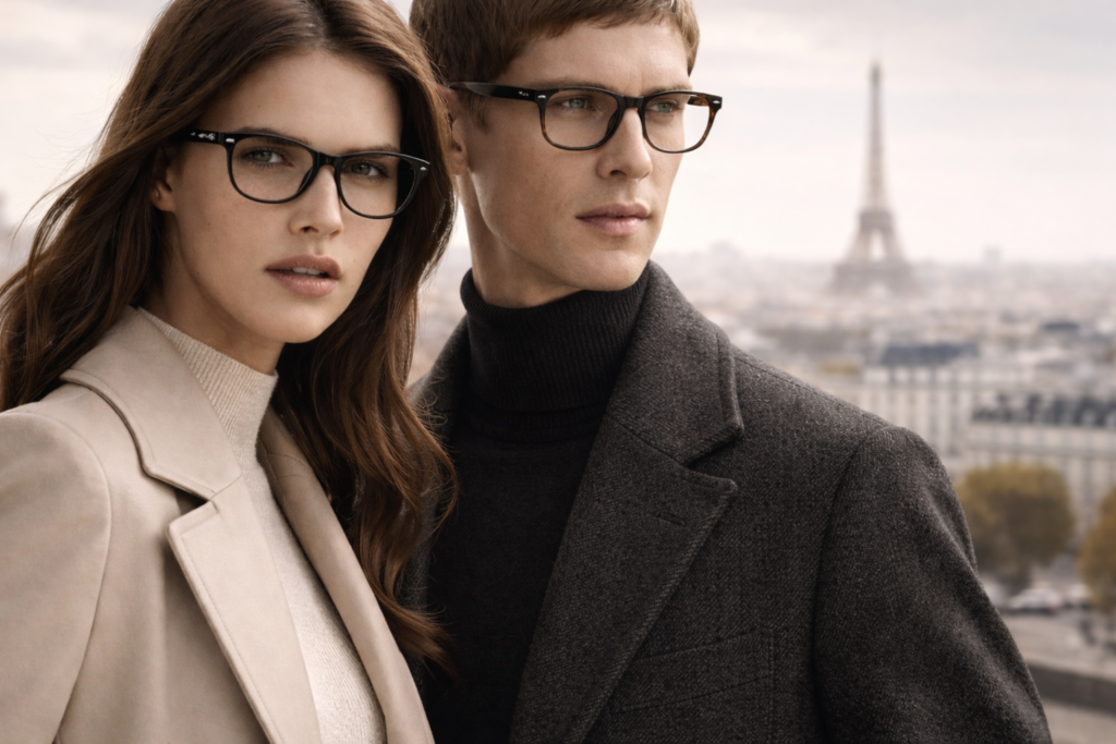 Hombre y mujer usando armazones de lentes elegantes frente a la Torre Eiffel en París, gafas de estilo moderno y sofisticado